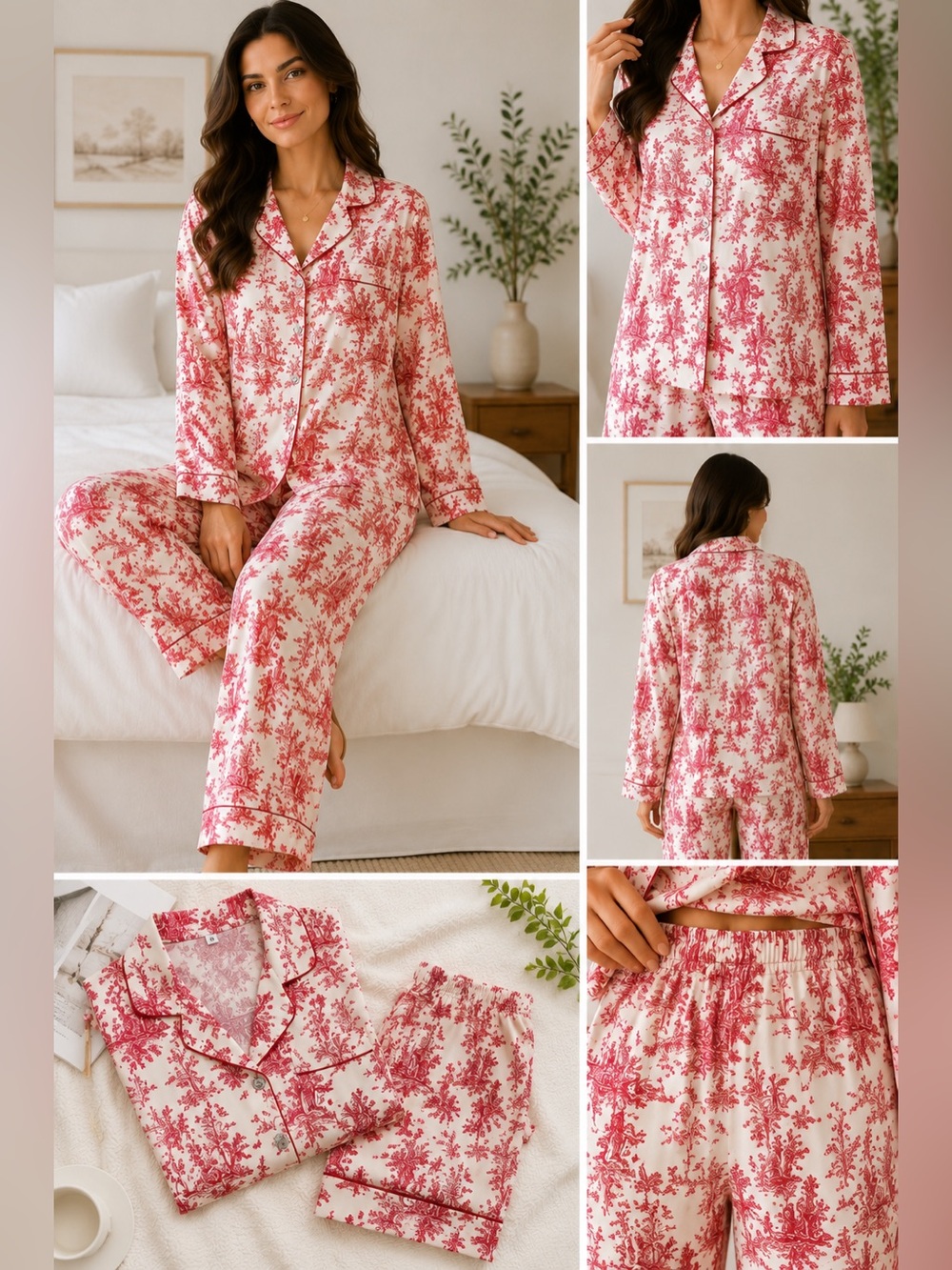 NEW CCB Red & White Satin Toile Ink-Print Button Lapel Collar Pants Pajama Set M